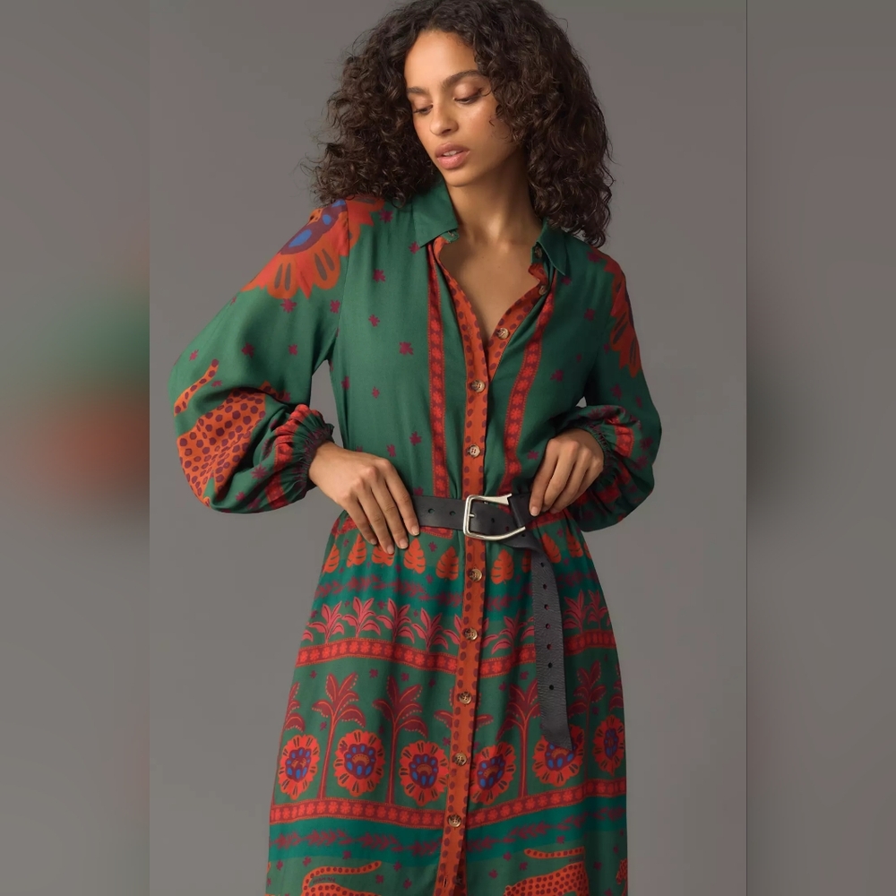 FARM Rio Green Maxi Shirt Dress with Red Floral & Animal Motifs - Picture 3 of 8